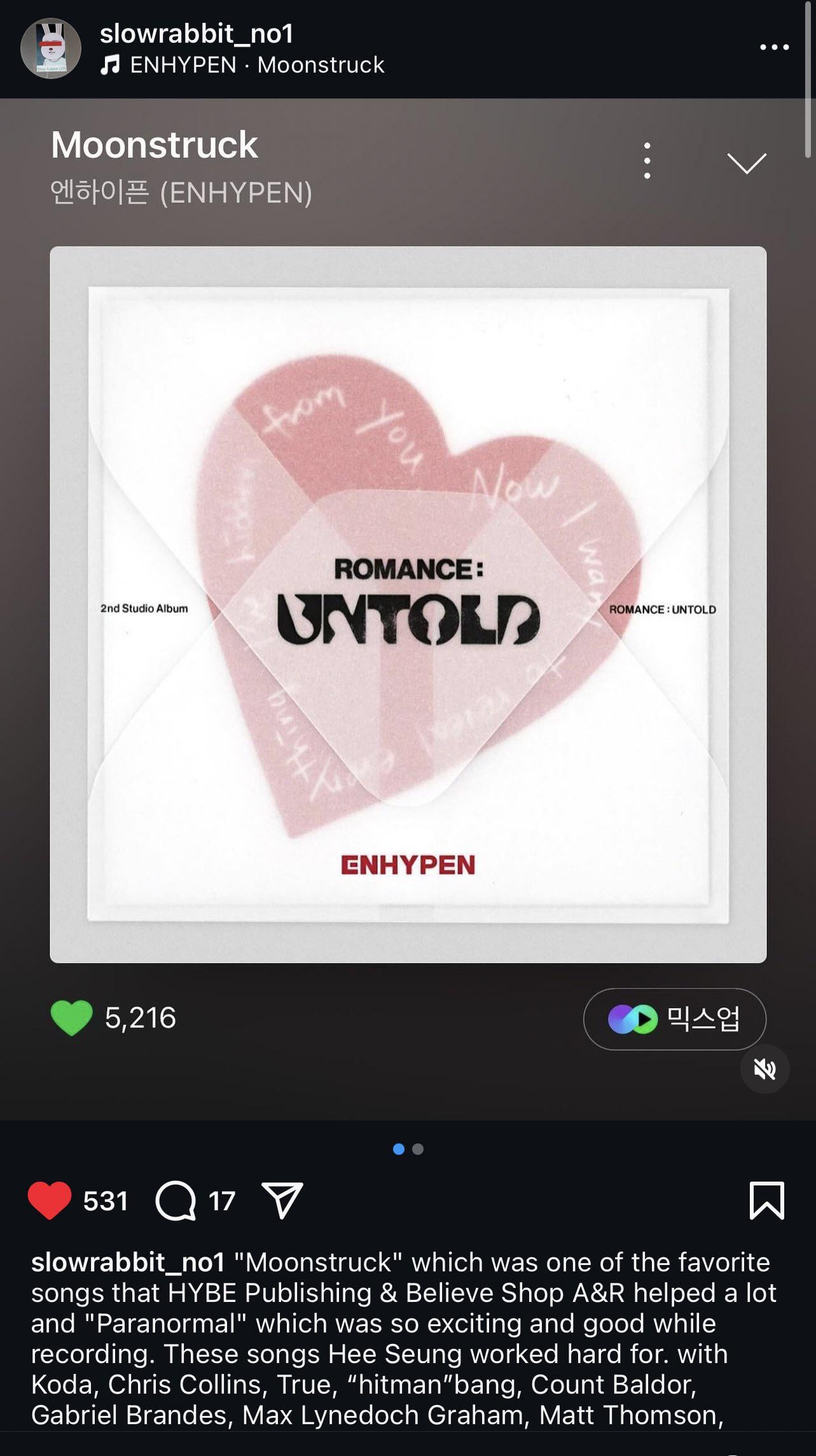 Slow Rabbit giving a shout out to Heeseung in his ig post - PTKOREA